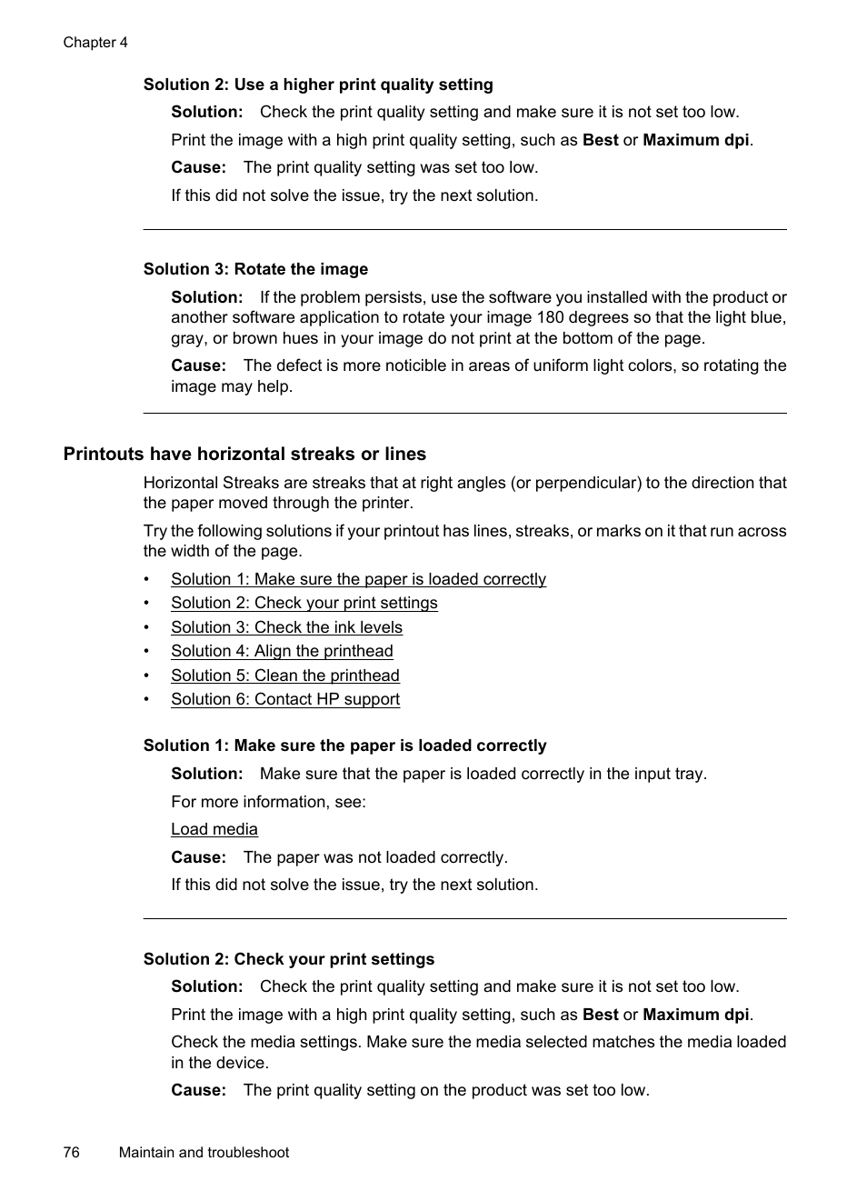 Printouts have horizontal streaks or lines, Solution 2: use a higher print quality setting, Solution 3: rotate the image | HP Officejet 7000 Wide Format Printer - E809a User Manual | Page 80 / 144