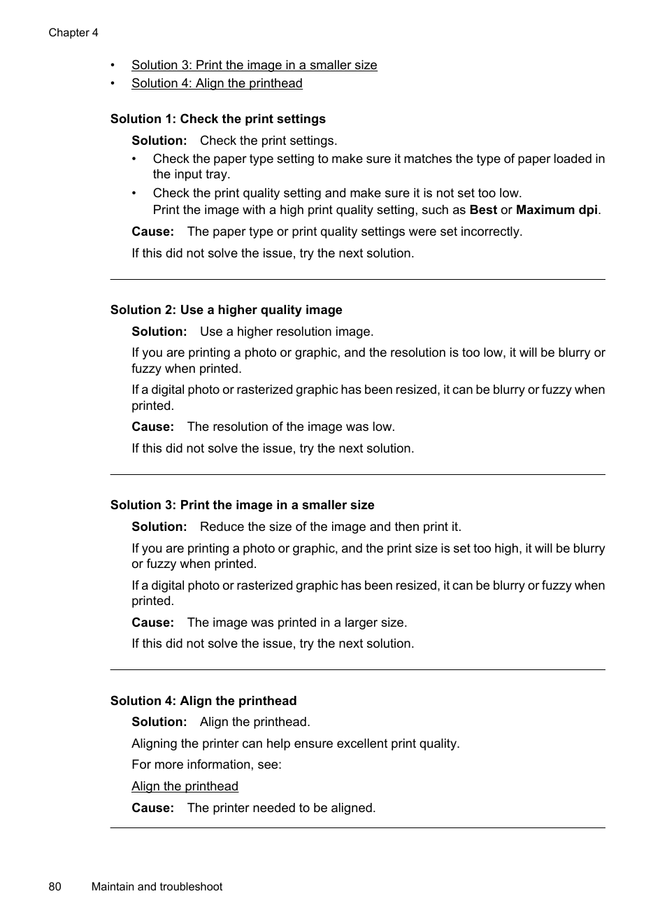 Solution 1: check the print settings, Solution 2: use a higher quality image | HP Officejet 7000 Wide Format Printer - E809a User Manual | Page 84 / 144