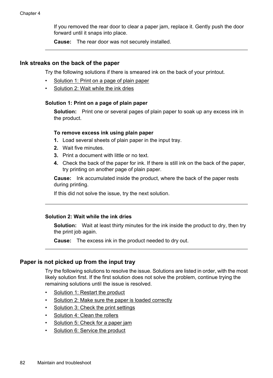 Ink streaks on the back of the paper, Paper is not picked up from the input tray | HP Officejet 7000 Wide Format Printer - E809a User Manual | Page 86 / 144