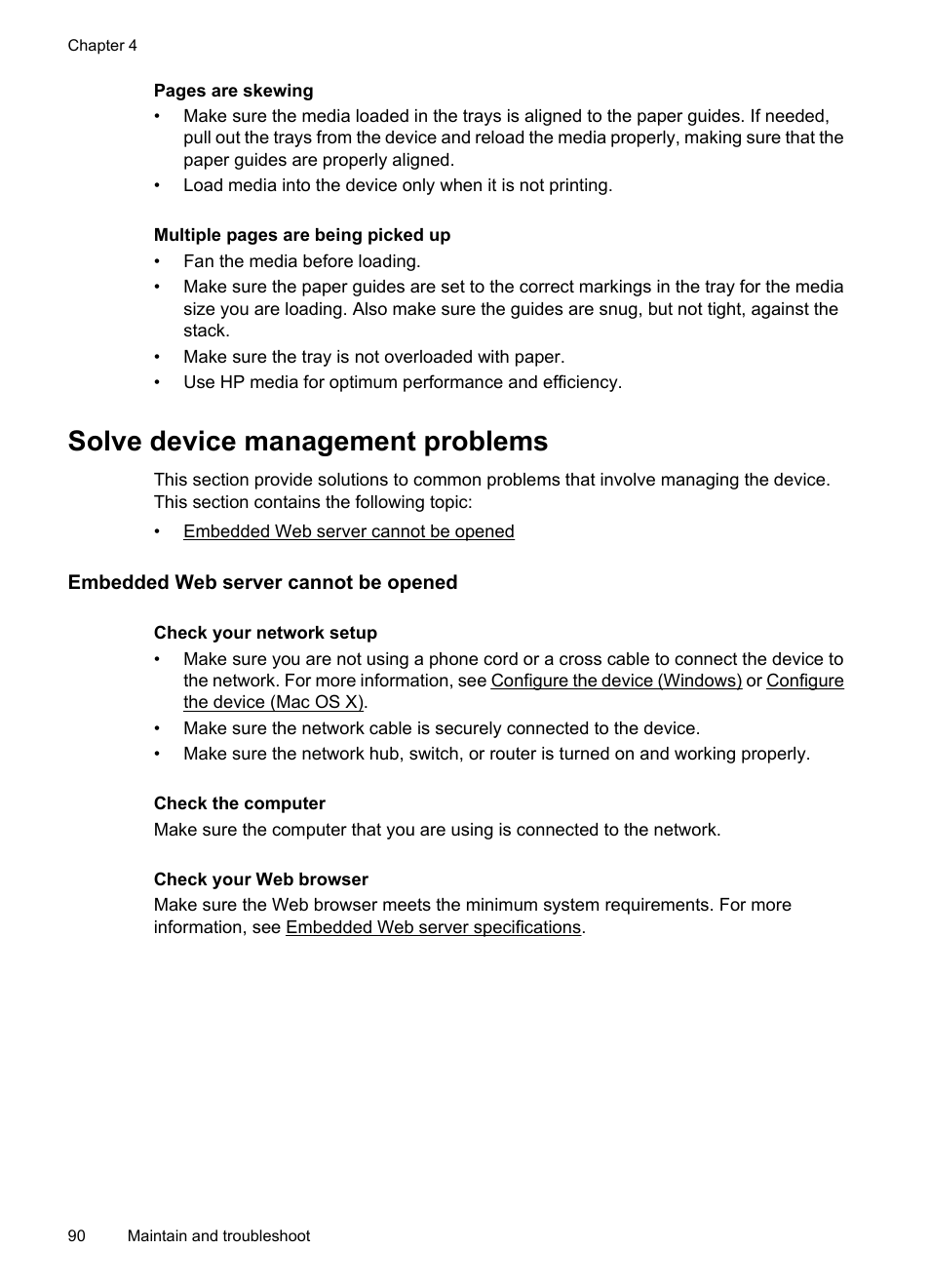 Solve device management problems, Embedded web server cannot be opened | HP Officejet 7000 Wide Format Printer - E809a User Manual | Page 94 / 144