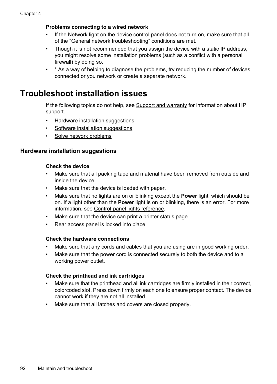 Troubleshoot installation issues, Hardware installation suggestions | HP Officejet 7000 Wide Format Printer - E809a User Manual | Page 96 / 144