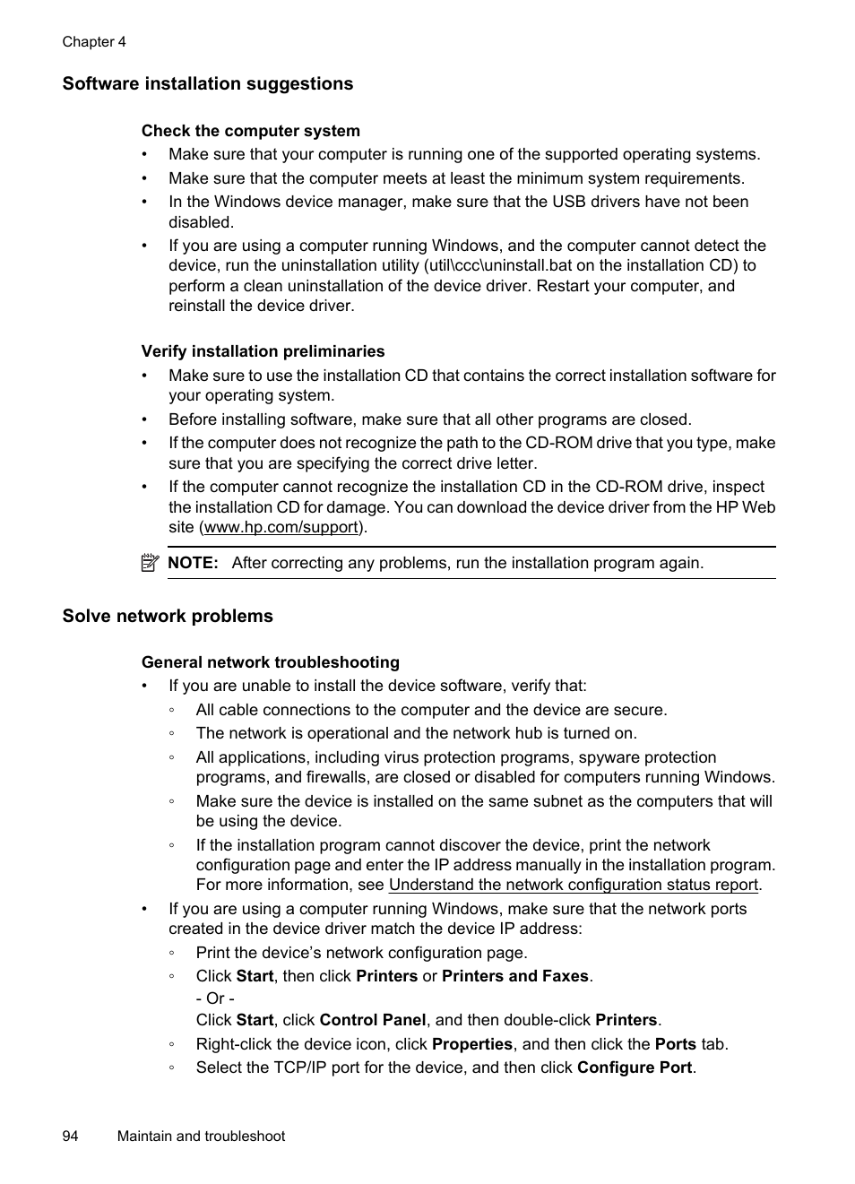 Software installation suggestions, Solve network problems | HP Officejet 7000 Wide Format Printer - E809a User Manual | Page 98 / 144