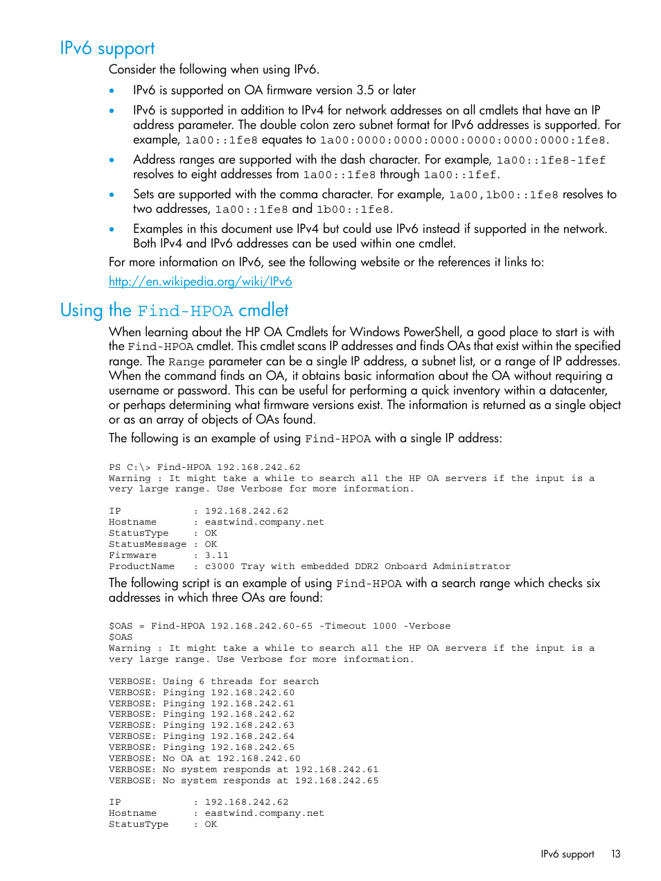 Ipv6 support, Using the find-hpoa cmdlet, Ipv6 support using the find-hpoa cmdlet | HP Scripting Tools for Windows PowerShell User Manual | Page 13 / 24