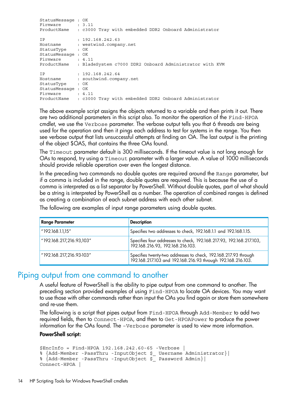 Piping output from one command to another | HP Scripting Tools for Windows PowerShell User Manual | Page 14 / 24