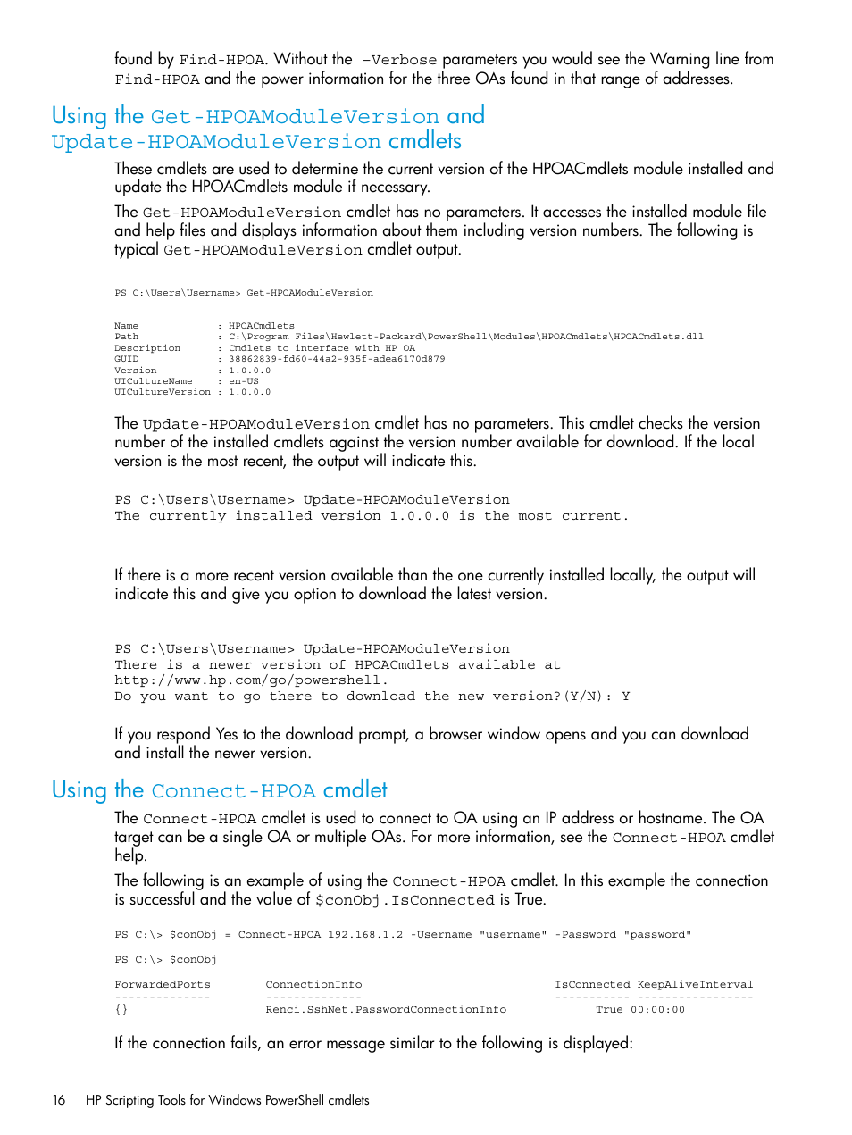 Using the connect-hpoa cmdlet | HP Scripting Tools for Windows PowerShell User Manual | Page 16 / 24