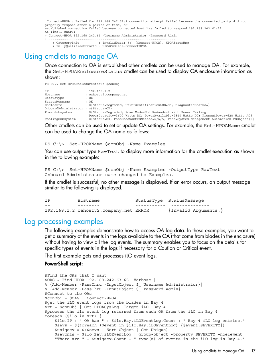 Using cmdlets to manage oa, Log processing examples, Using cmdlets to manage oa log processing examples | HP Scripting Tools for Windows PowerShell User Manual | Page 17 / 24