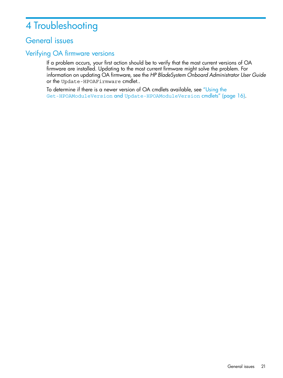 4 troubleshooting, General issues, Verifying oa firmware versions | HP Scripting Tools for Windows PowerShell User Manual | Page 21 / 24