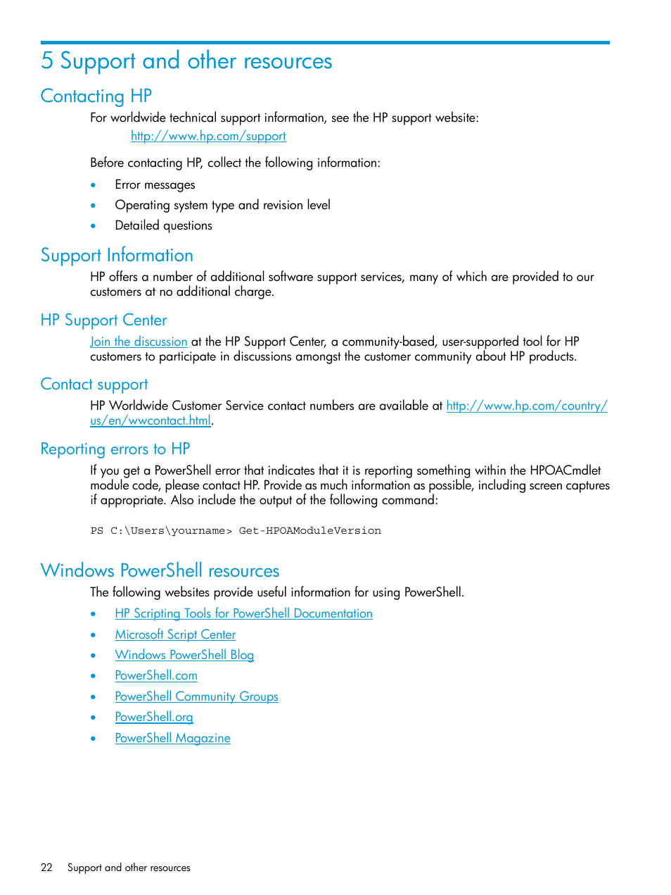 5 support and other resources, Contacting hp, Support information | Hp support center, Contact support, Reporting errors to hp, Windows powershell resources, Contacting hp support information | HP Scripting Tools for Windows PowerShell User Manual | Page 22 / 24