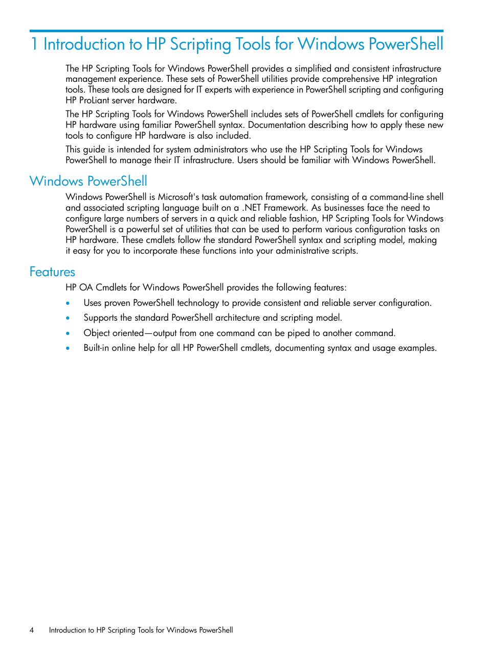 Windows powershell, Features, Windows powershell features | HP Scripting Tools for Windows PowerShell User Manual | Page 4 / 24