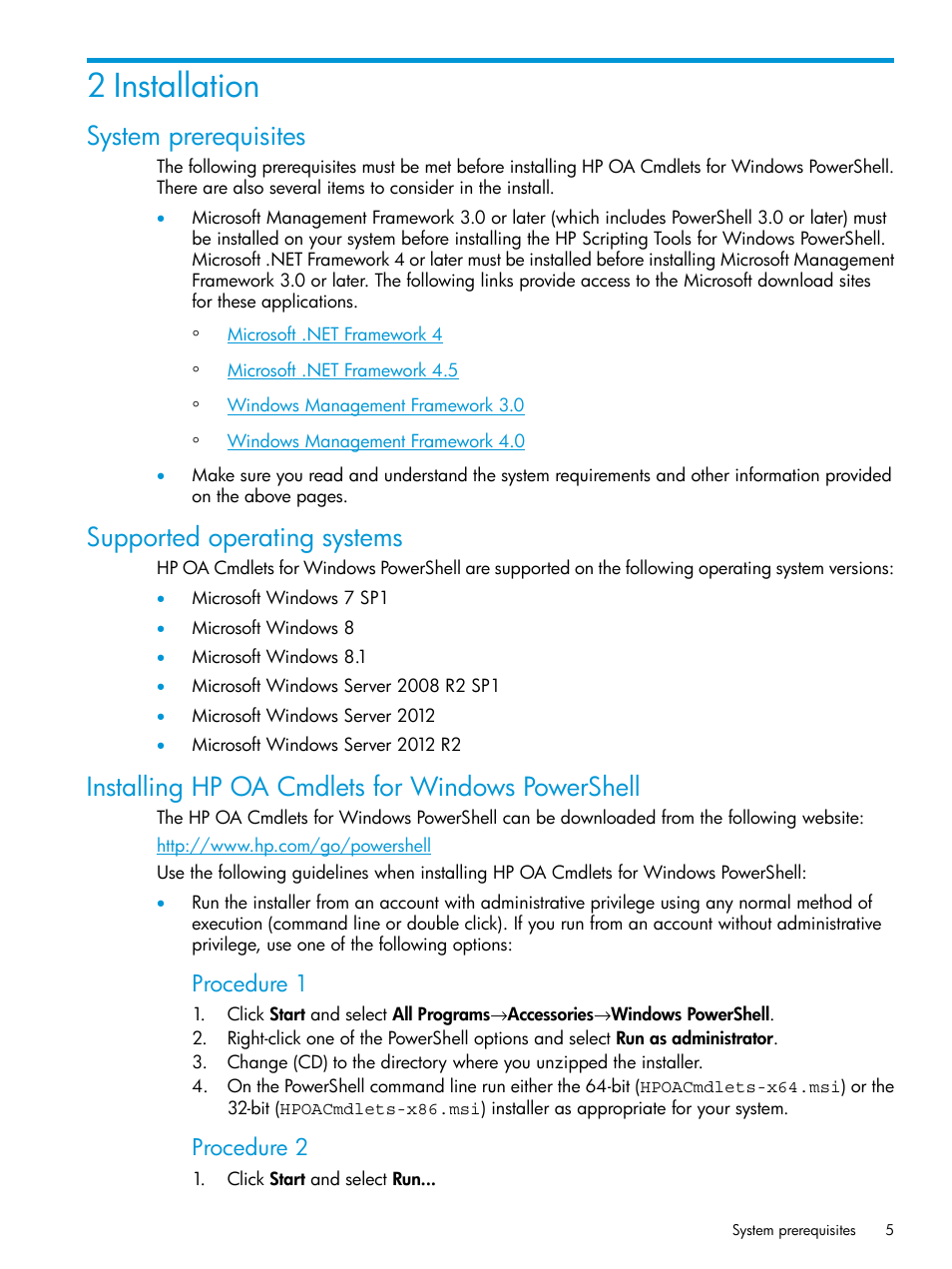 2 installation, System prerequisites, Supported operating systems | Installing hp oa cmdlets for windows powershell, Procedure 1, Procedure 2 | HP Scripting Tools for Windows PowerShell User Manual | Page 5 / 24