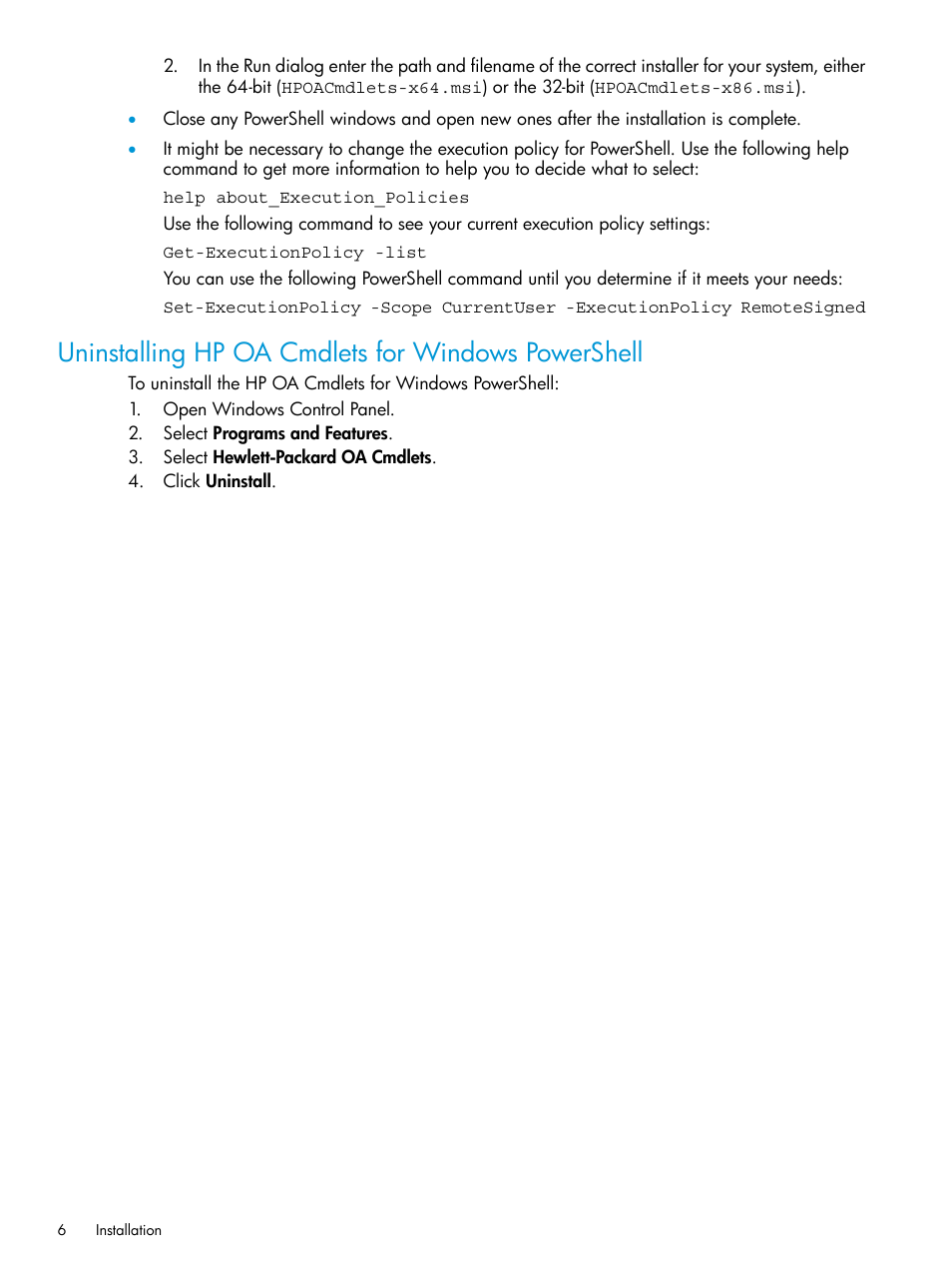 Uninstalling hp oa cmdlets for windows powershell | HP Scripting Tools for Windows PowerShell User Manual | Page 6 / 24