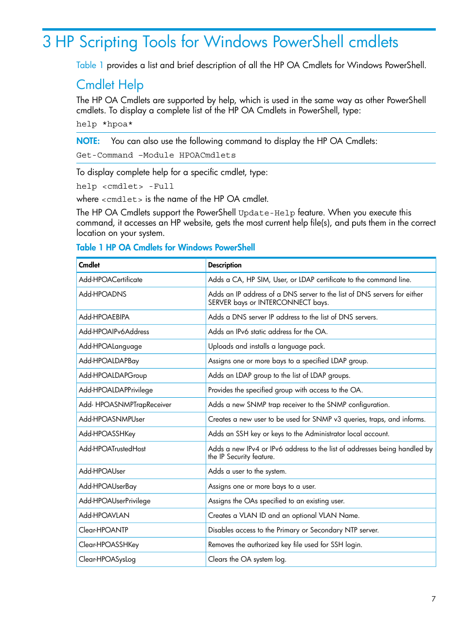 Cmdlet help | HP Scripting Tools for Windows PowerShell User Manual | Page 7 / 24