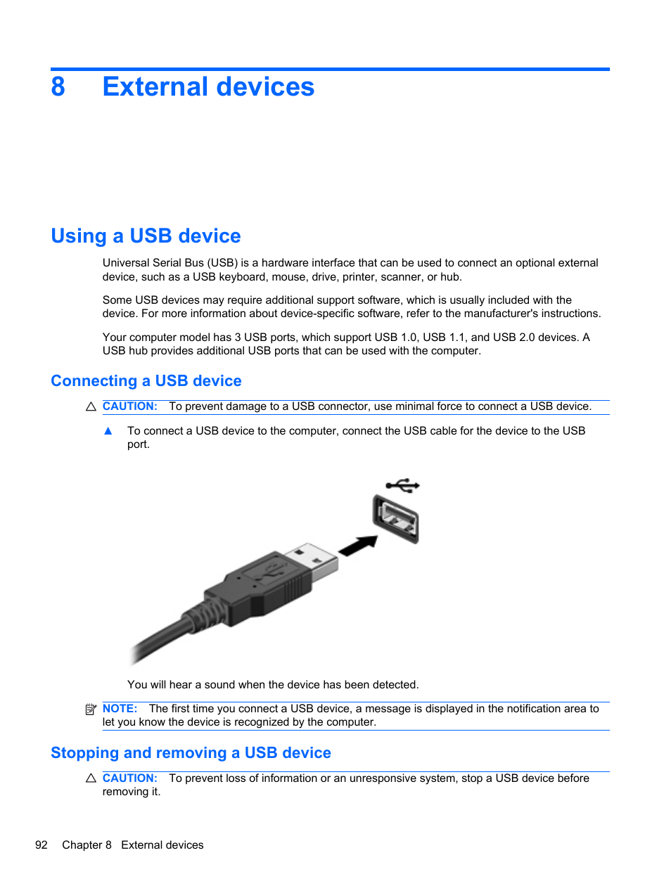 External devices, Using a usb device, Connecting a usb device | Stopping and removing a usb device, 8 external devices, 8external devices | HP EliteBook 2740p Tablet-PC User Manual | Page 104 / 177