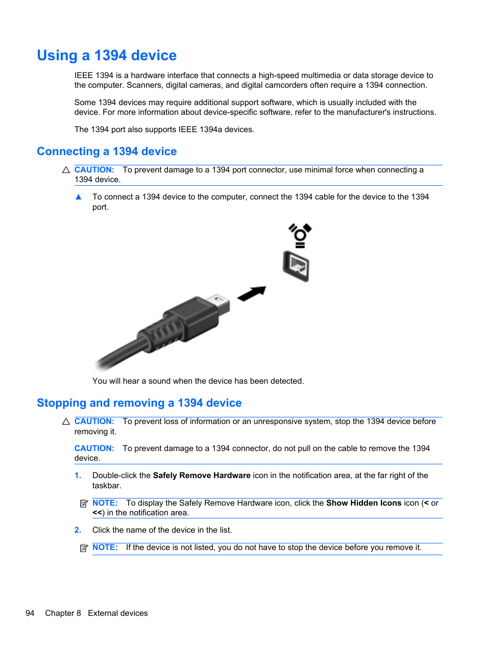 Using a 1394 device, Connecting a 1394 device, Stopping and removing a 1394 device | HP EliteBook 2740p Tablet-PC User Manual | Page 106 / 177