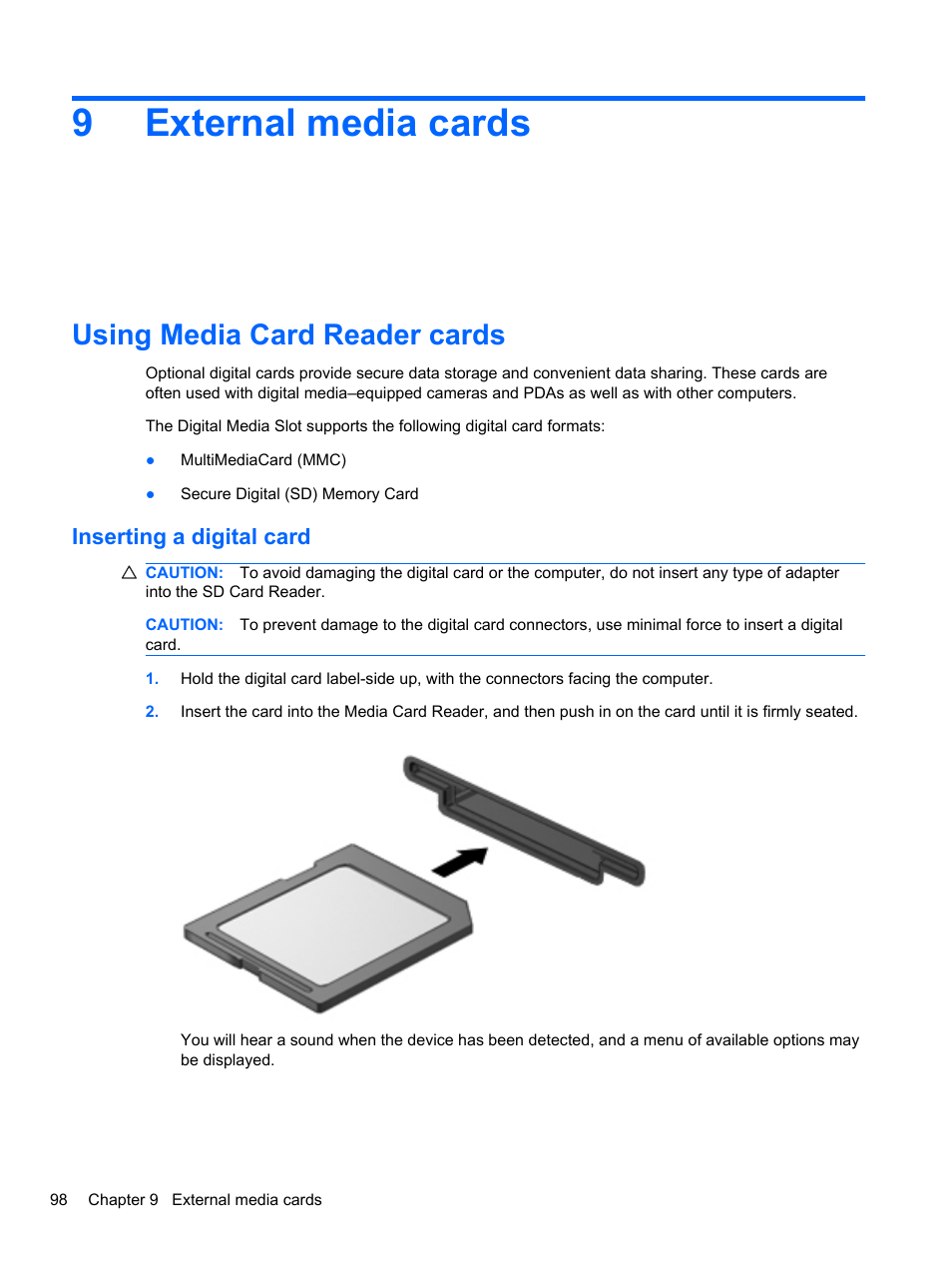 External media cards, Using media card reader cards, Inserting a digital card | 9 external media cards, 9external media cards | HP EliteBook 2740p Tablet-PC User Manual | Page 110 / 177