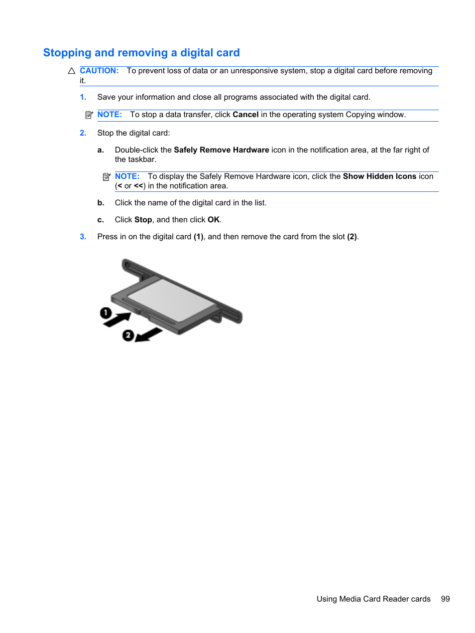 Stopping and removing a digital card | HP EliteBook 2740p Tablet-PC User Manual | Page 111 / 177