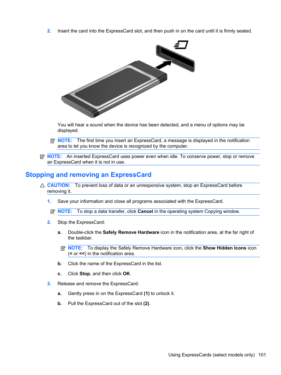 Stopping and removing an expresscard | HP EliteBook 2740p Tablet-PC User Manual | Page 113 / 177