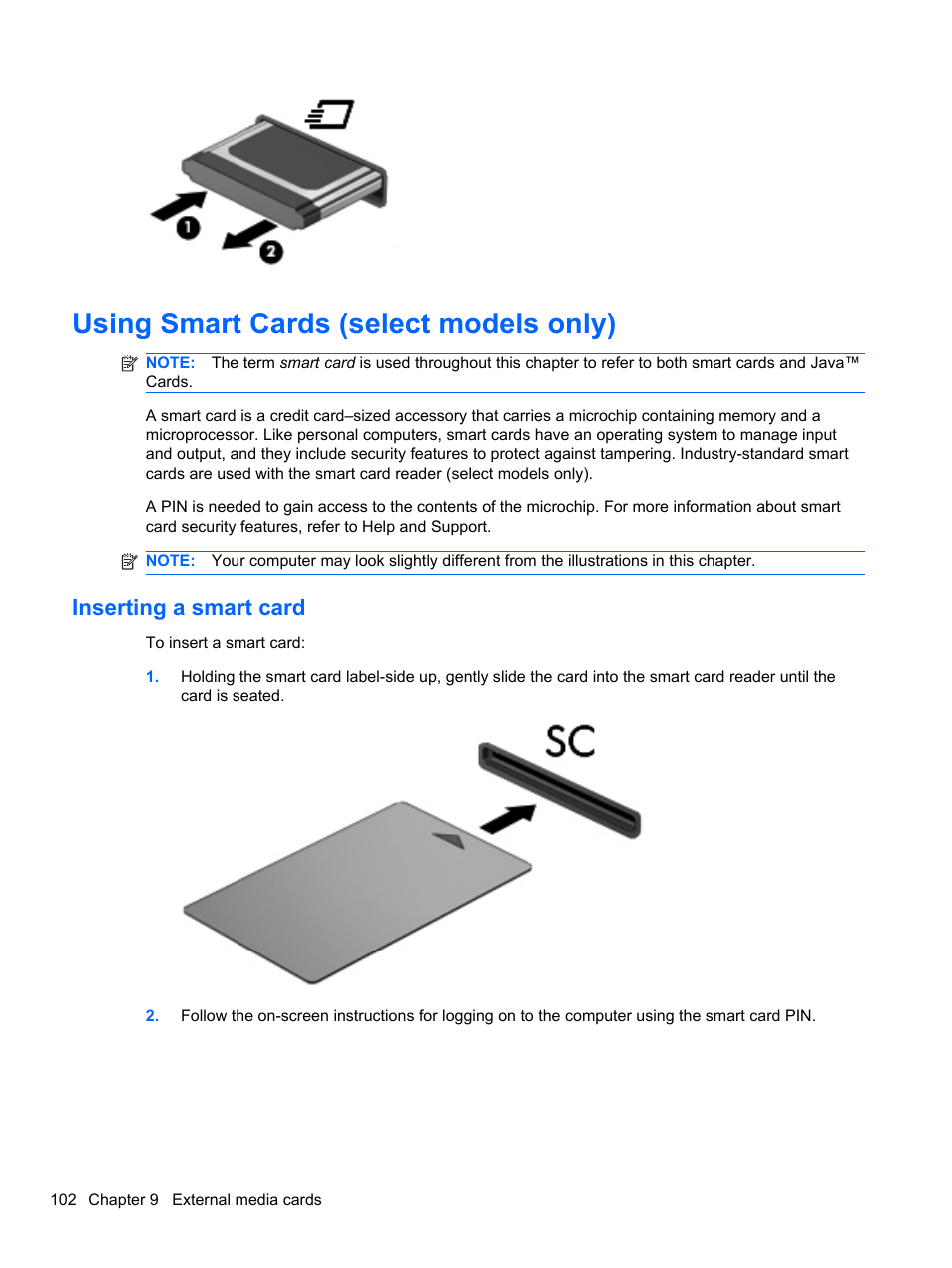 Using smart cards (select models only), Inserting a smart card | HP EliteBook 2740p Tablet-PC User Manual | Page 114 / 177