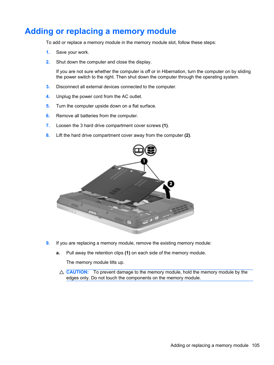 Adding or replacing a memory module | HP EliteBook 2740p Tablet-PC User Manual | Page 117 / 177