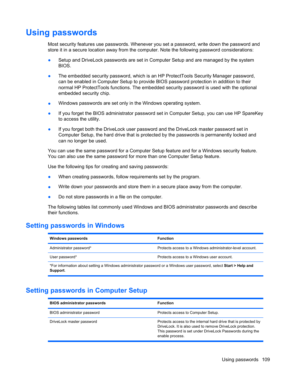 Using passwords, Setting passwords in windows, Setting passwords in computer setup | HP EliteBook 2740p Tablet-PC User Manual | Page 121 / 177