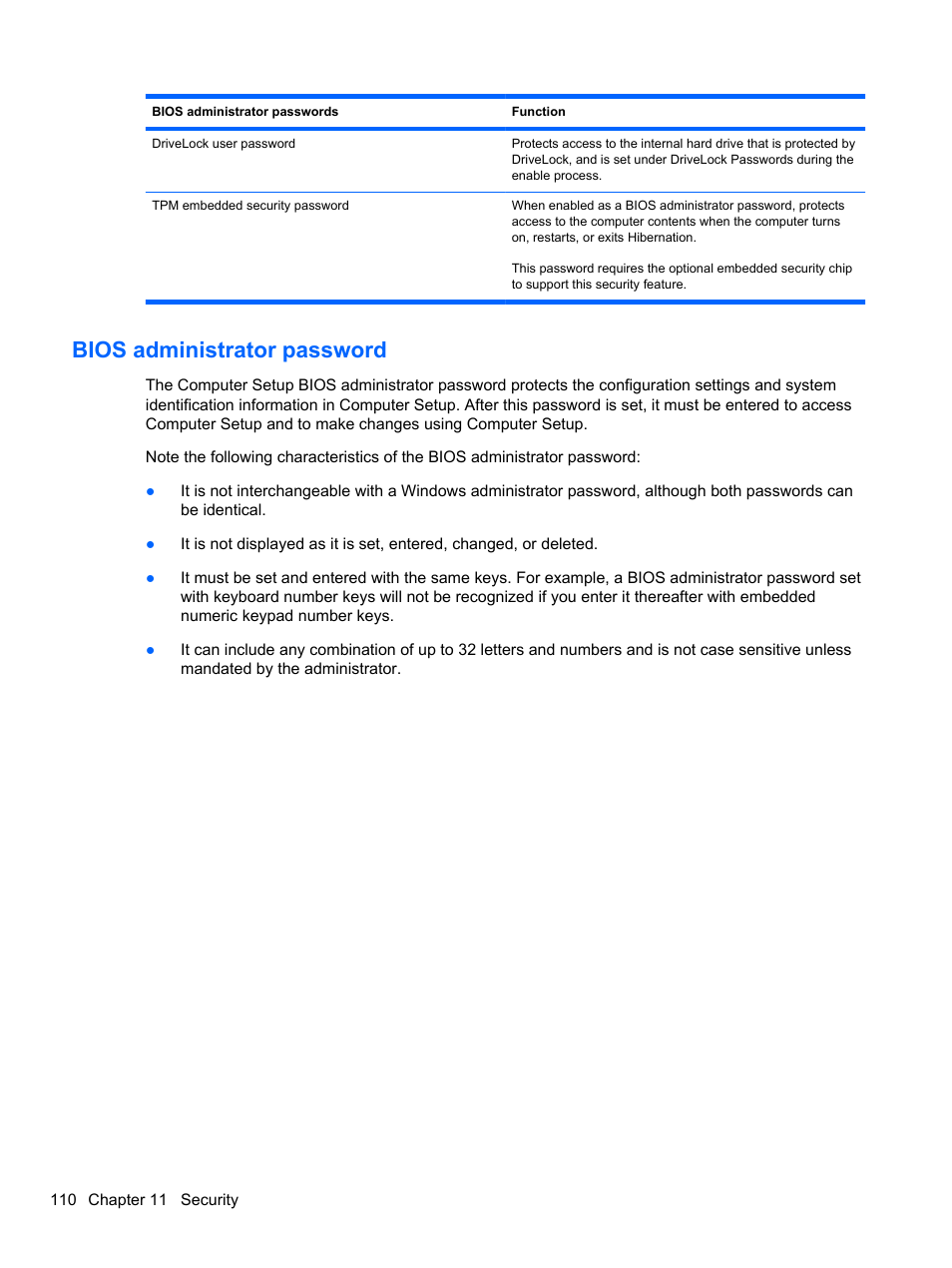 Bios administrator password | HP EliteBook 2740p Tablet-PC User Manual | Page 122 / 177