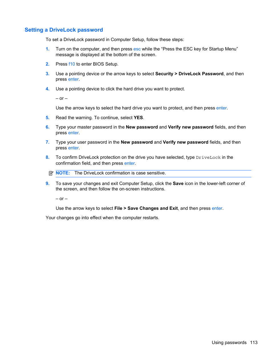 Setting a drivelock password | HP EliteBook 2740p Tablet-PC User Manual | Page 125 / 177