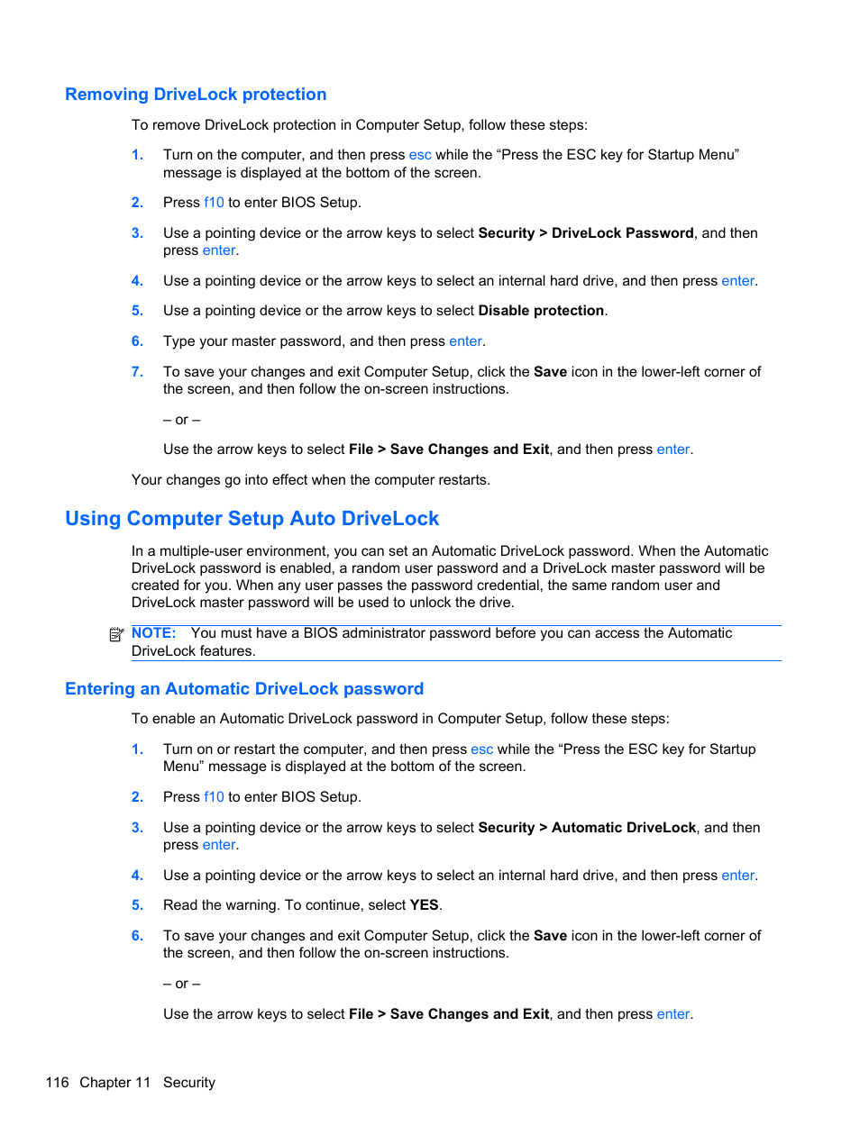 Removing drivelock protection, Using computer setup auto drivelock, Entering an automatic drivelock password | HP EliteBook 2740p Tablet-PC User Manual | Page 128 / 177