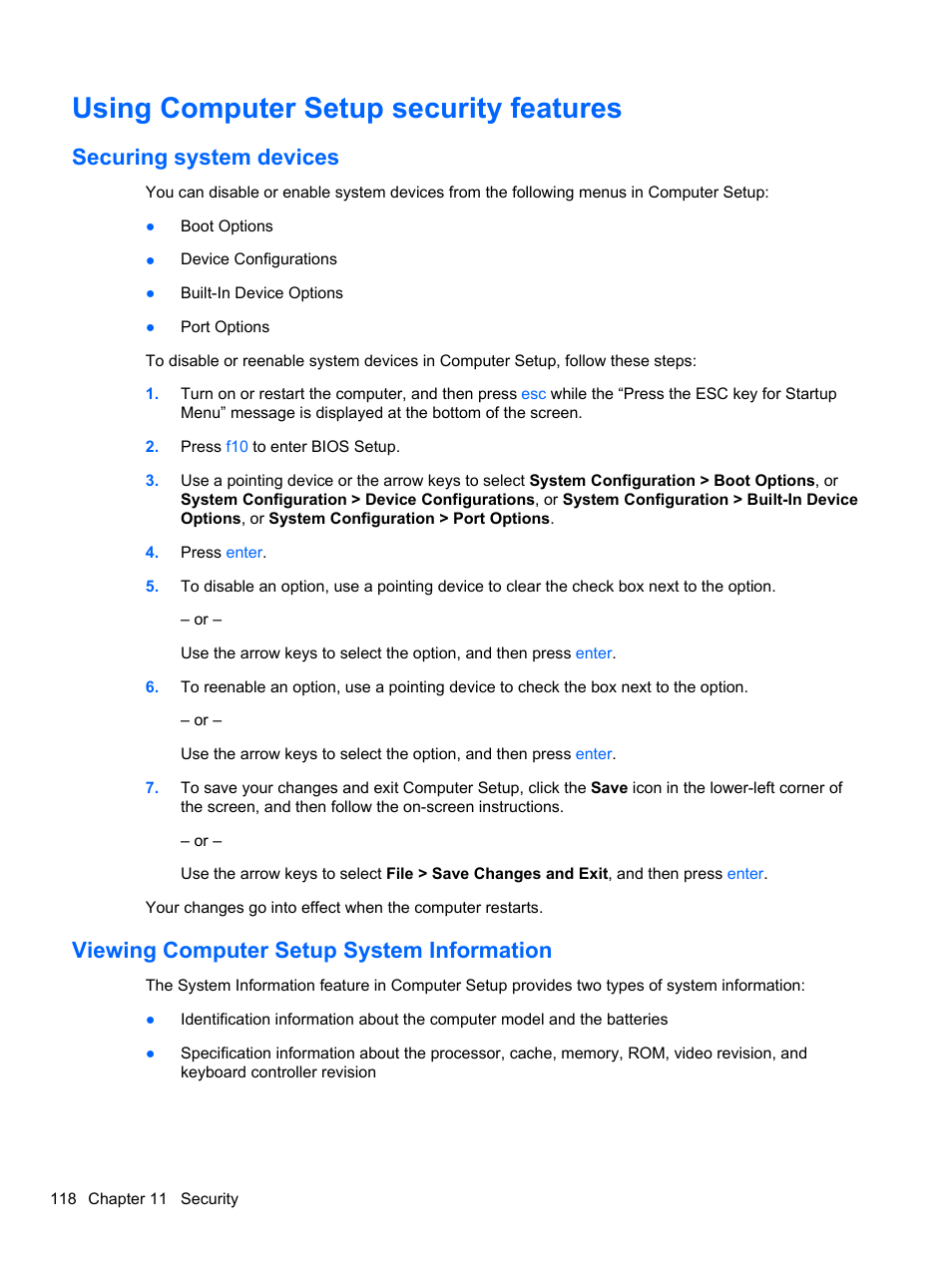 Using computer setup security features, Securing system devices, Viewing computer setup system information | HP EliteBook 2740p Tablet-PC User Manual | Page 130 / 177