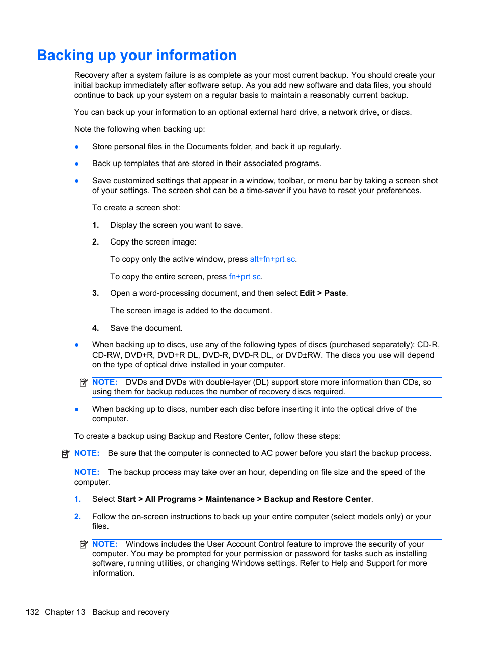 Backing up your information | HP EliteBook 2740p Tablet-PC User Manual | Page 144 / 177