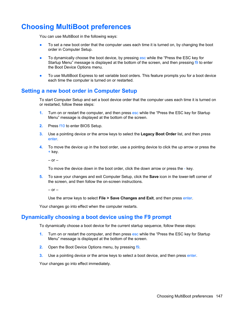 Choosing multiboot preferences, Setting a new boot order in computer setup | HP EliteBook 2740p Tablet-PC User Manual | Page 159 / 177