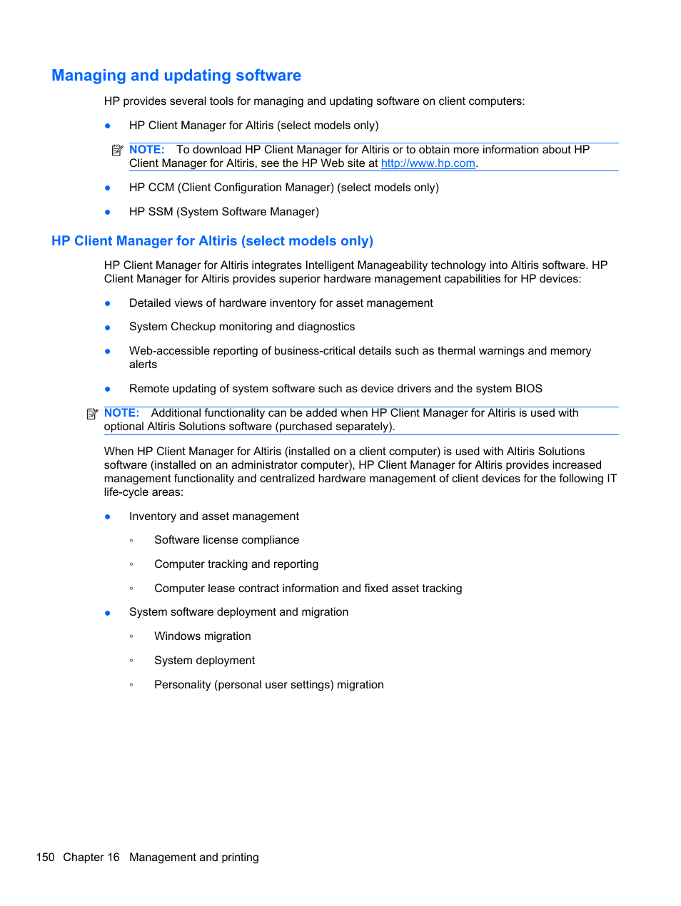 Managing and updating software, Hp client manager for altiris (select models only) | HP EliteBook 2740p Tablet-PC User Manual | Page 162 / 177