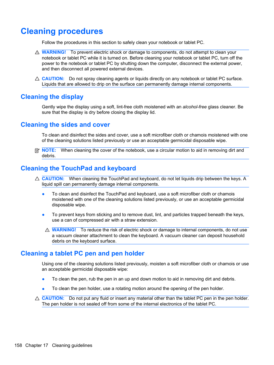 Cleaning procedures, Cleaning the display, Cleaning the sides and cover | Cleaning the touchpad and keyboard, Cleaning a tablet pc pen and pen holder | HP EliteBook 2740p Tablet-PC User Manual | Page 170 / 177