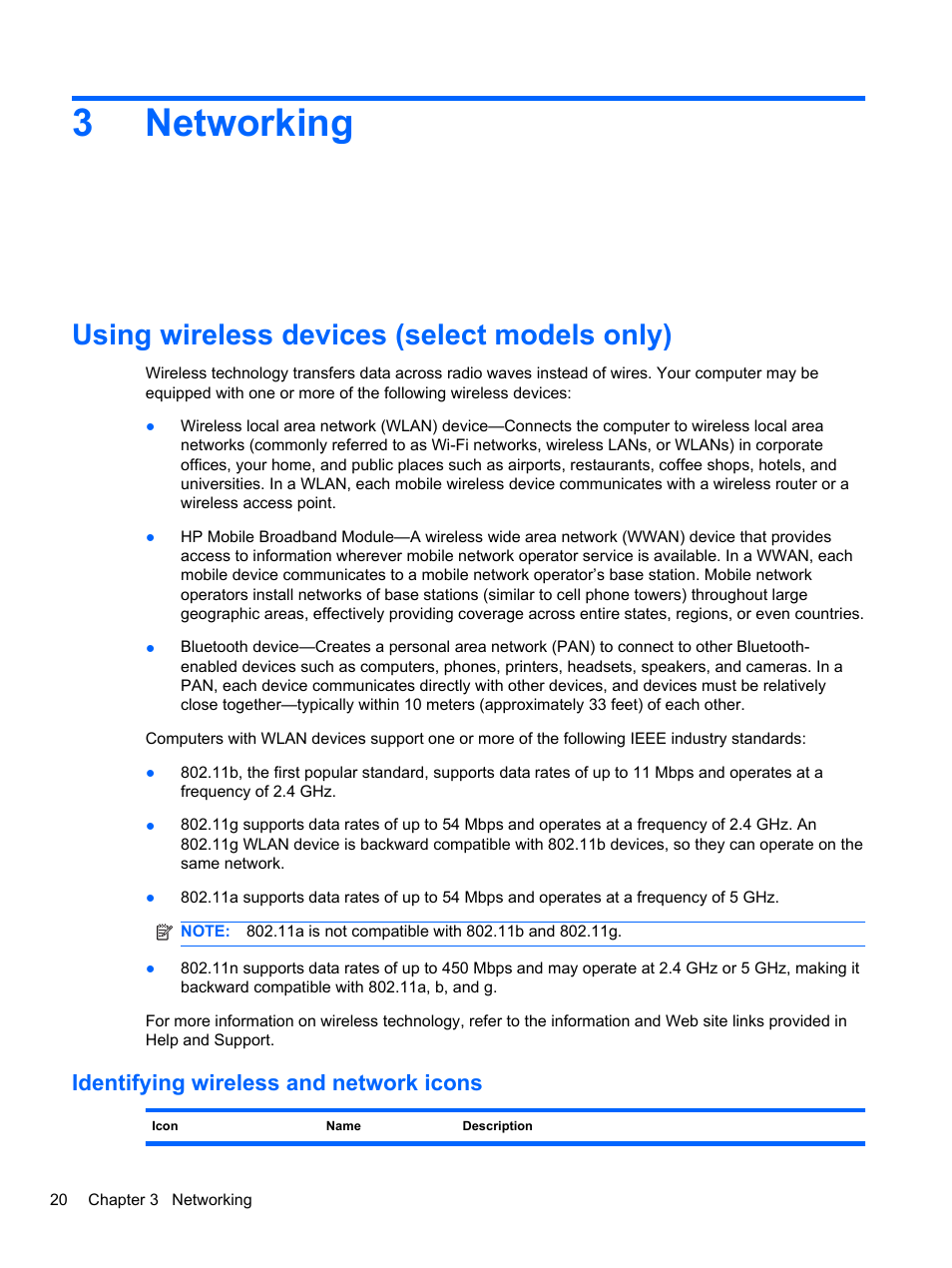 Networking, Using wireless devices (select models only), Identifying wireless and network icons | 3 networking, 3networking | HP EliteBook 2740p Tablet-PC User Manual | Page 32 / 177