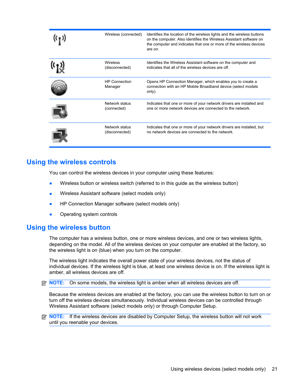 Using the wireless controls, Using the wireless button | HP EliteBook 2740p Tablet-PC User Manual | Page 33 / 177