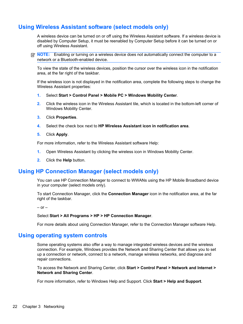 Using hp connection manager (select models only), Using operating system controls | HP EliteBook 2740p Tablet-PC User Manual | Page 34 / 177