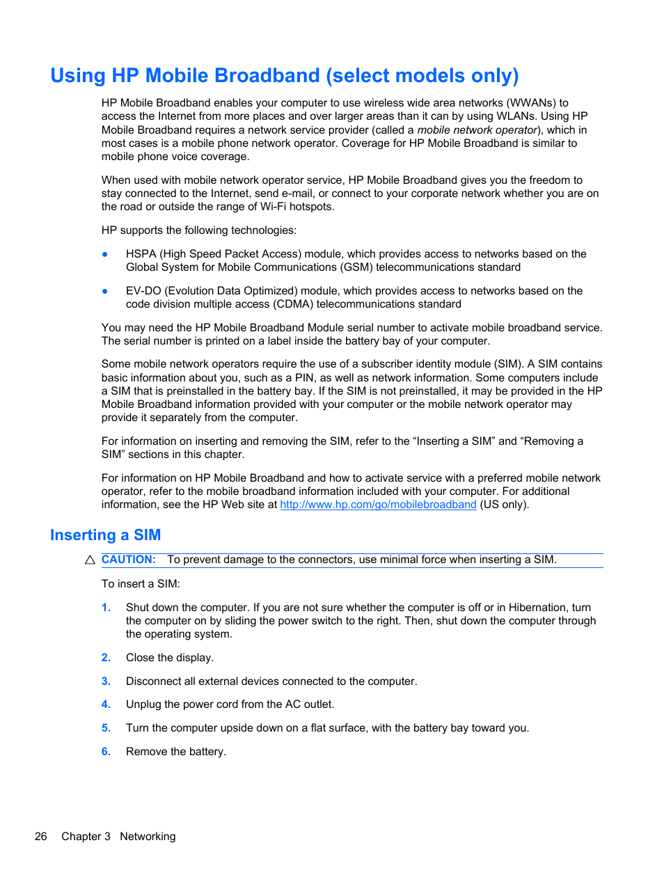 Using hp mobile broadband (select models only), Inserting a sim | HP EliteBook 2740p Tablet-PC User Manual | Page 38 / 177