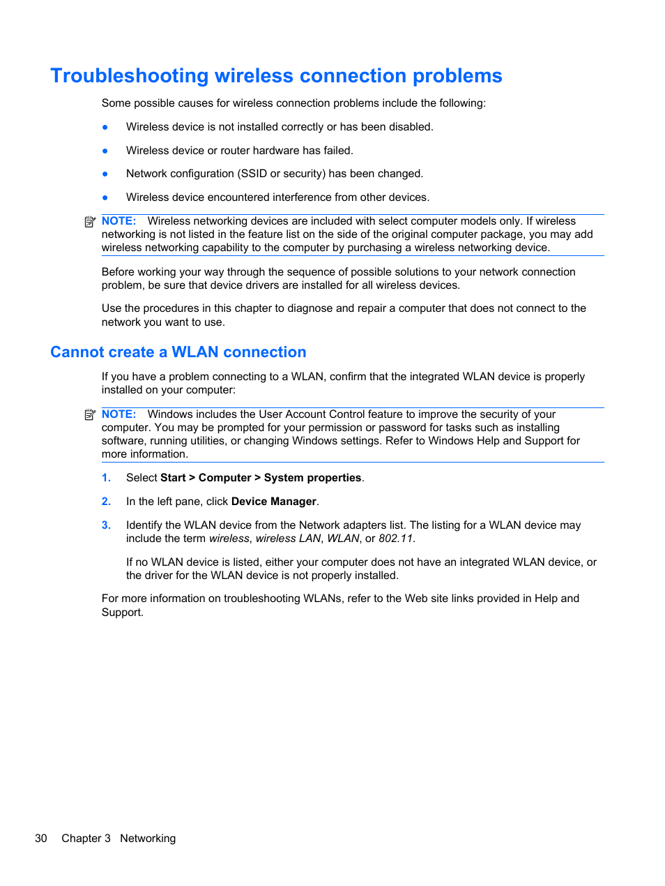 Troubleshooting wireless connection problems, Cannot create a wlan connection | HP EliteBook 2740p Tablet-PC User Manual | Page 42 / 177