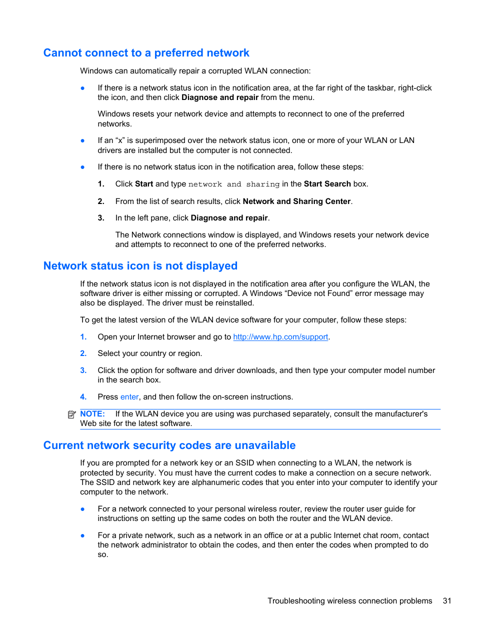 Cannot connect to a preferred network, Network status icon is not displayed, Current network security codes are unavailable | HP EliteBook 2740p Tablet-PC User Manual | Page 43 / 177