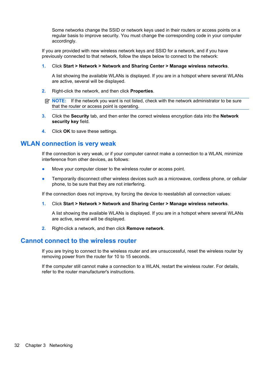 Wlan connection is very weak, Cannot connect to the wireless router | HP EliteBook 2740p Tablet-PC User Manual | Page 44 / 177