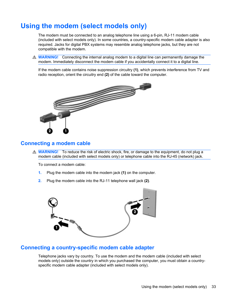 Using the modem (select models only), Connecting a modem cable, Connecting a country-specific modem cable adapter | HP EliteBook 2740p Tablet-PC User Manual | Page 45 / 177