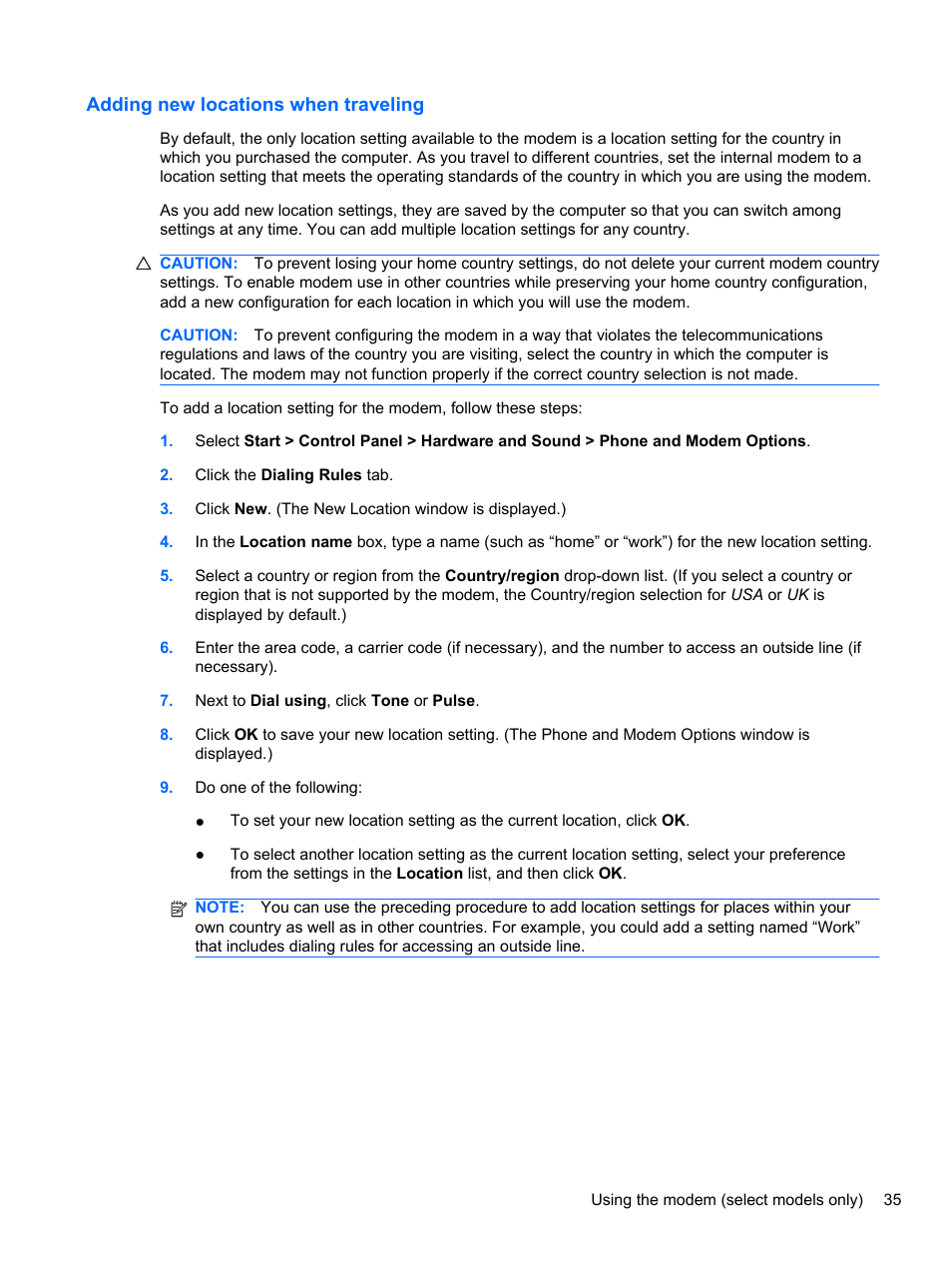 Adding new locations when traveling | HP EliteBook 2740p Tablet-PC User Manual | Page 47 / 177