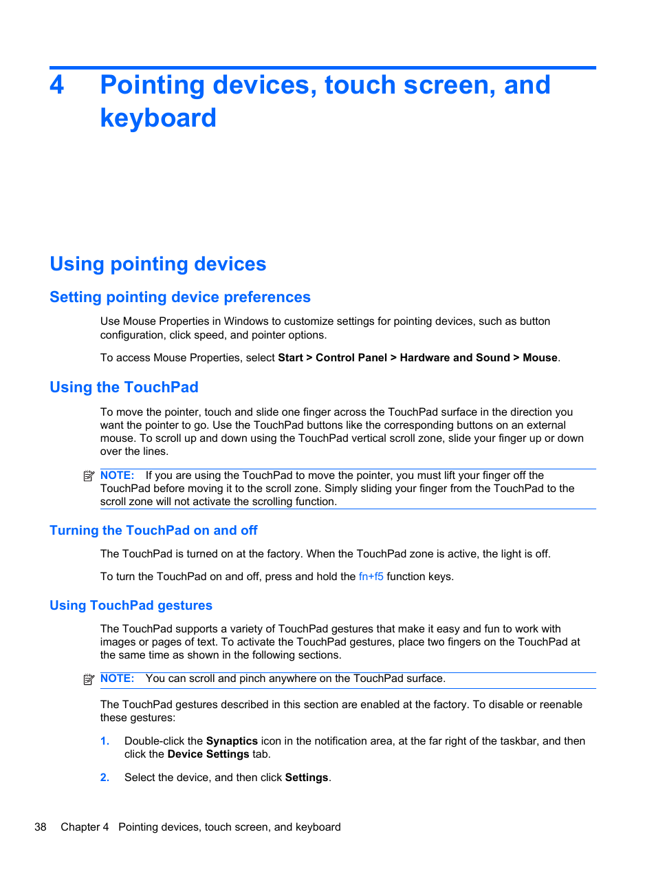 Pointing devices, touch screen, and keyboard, Using pointing devices, Setting pointing device preferences | Using the touchpad, Turning the touchpad on and off, Using touchpad gestures, 4 pointing devices, touch screen, and keyboard, 4pointing devices, touch screen, and keyboard | HP EliteBook 2740p Tablet-PC User Manual | Page 50 / 177