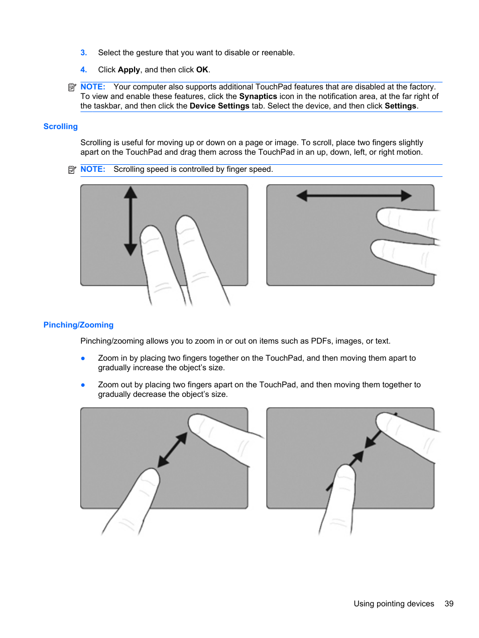 Scrolling, Pinching/zooming, Scrolling pinching/zooming | HP EliteBook 2740p Tablet-PC User Manual | Page 51 / 177