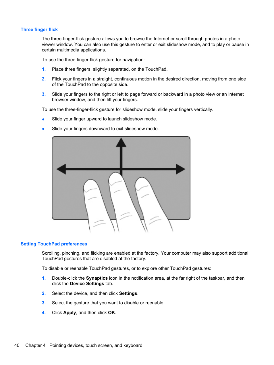 Three finger flick, Setting touchpad preferences, Three finger flick setting touchpad preferences | HP EliteBook 2740p Tablet-PC User Manual | Page 52 / 177