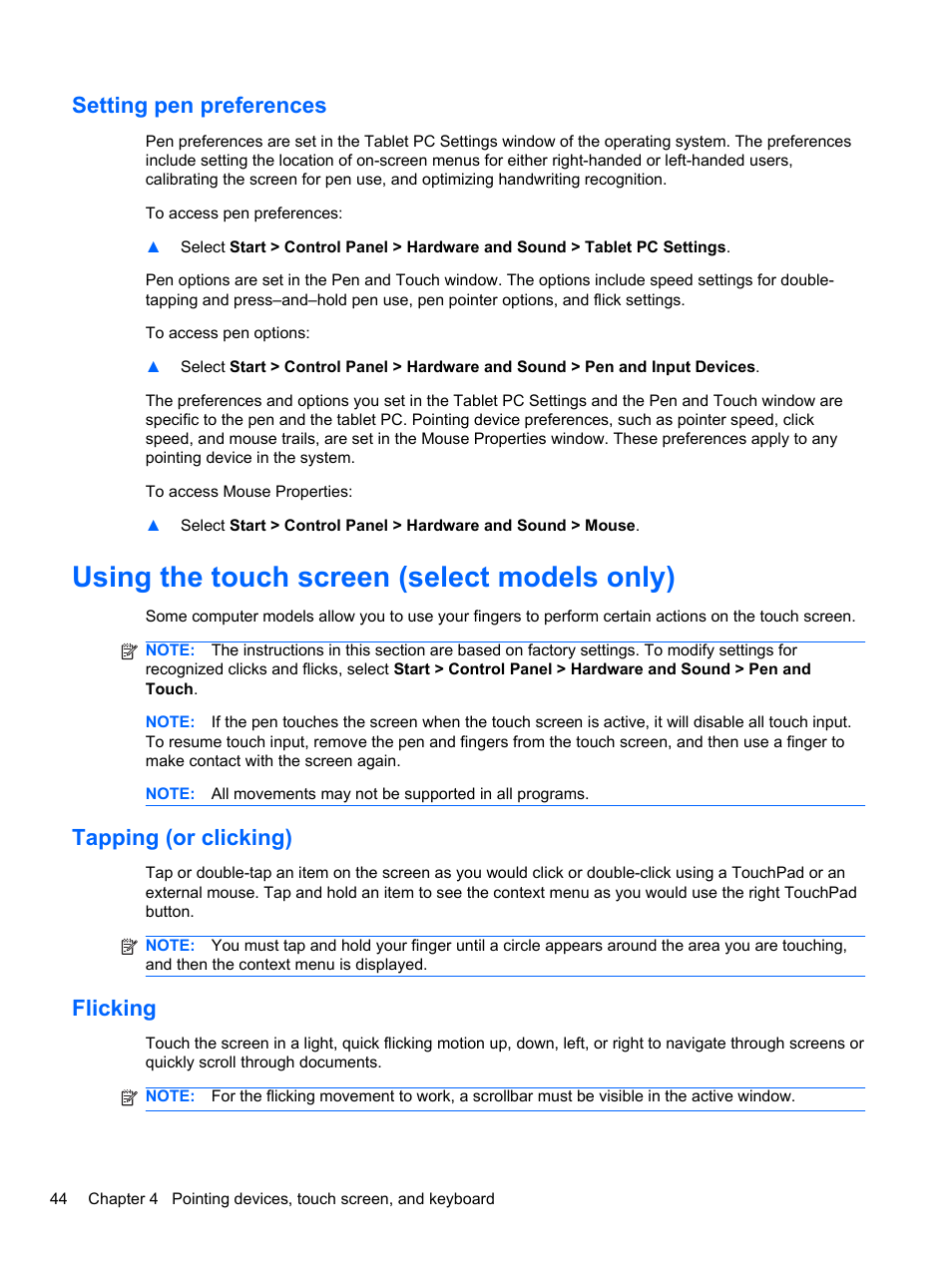 Setting pen preferences, Using the touch screen (select models only), Tapping (or clicking) | Flicking, Tapping (or clicking) flicking | HP EliteBook 2740p Tablet-PC User Manual | Page 56 / 177