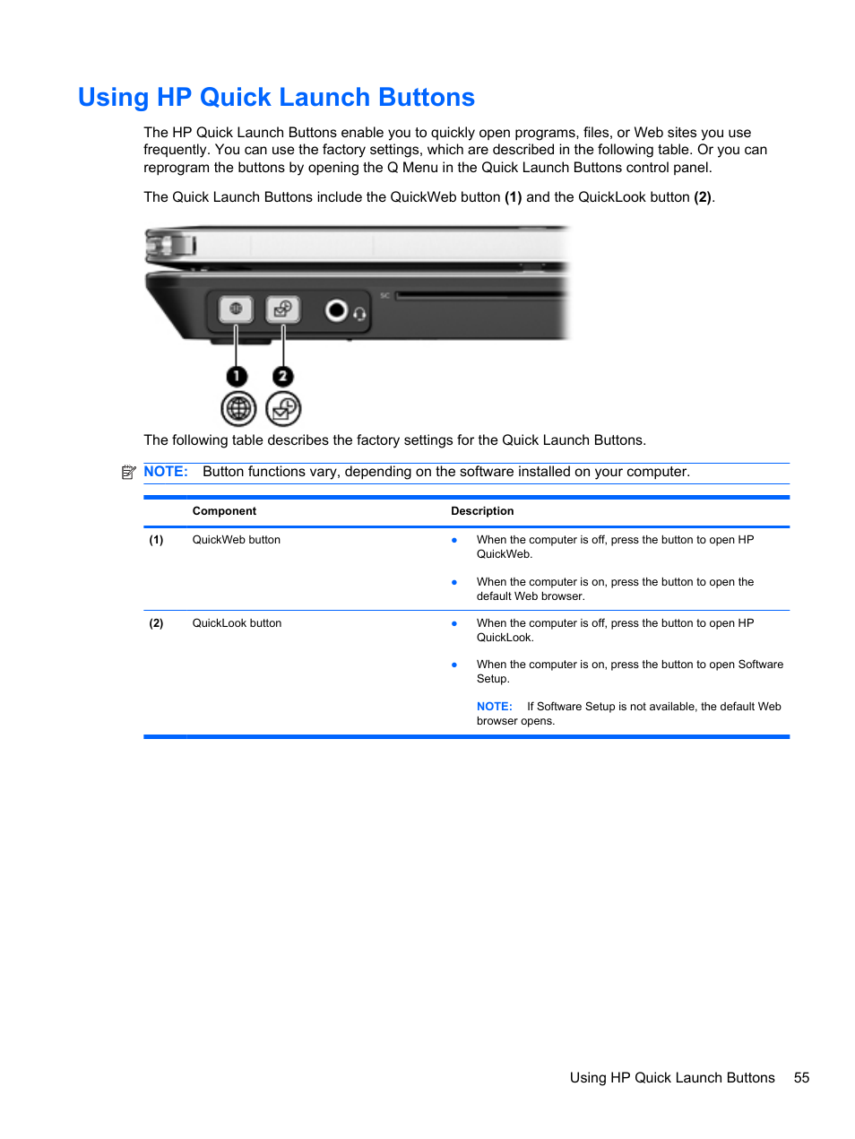 Using hp quick launch buttons | HP EliteBook 2740p Tablet-PC User Manual | Page 67 / 177