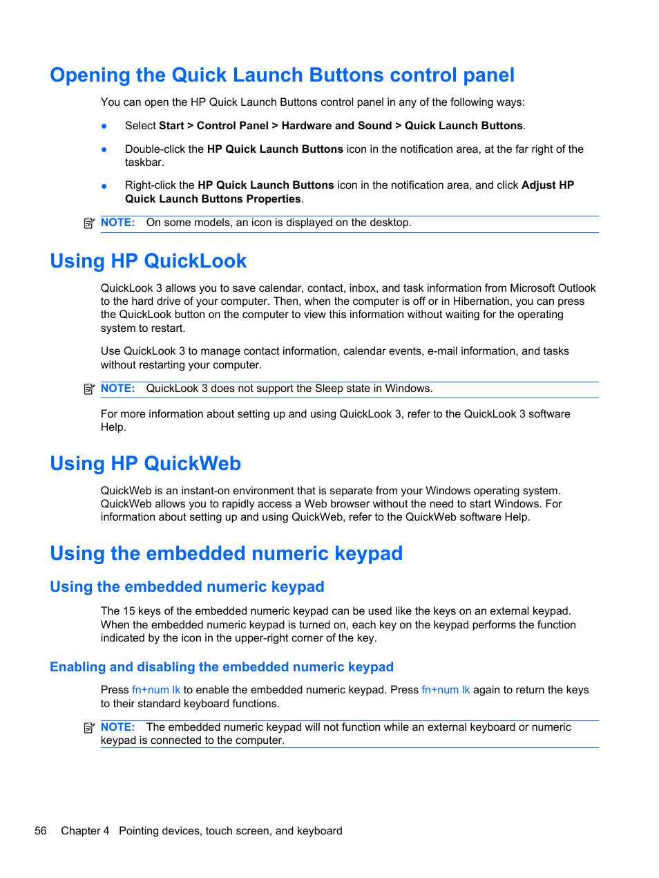 Opening the quick launch buttons control panel, Using hp quicklook, Using hp quickweb | Using the embedded numeric keypad, Enabling and disabling the embedded numeric keypad | HP EliteBook 2740p Tablet-PC User Manual | Page 68 / 177