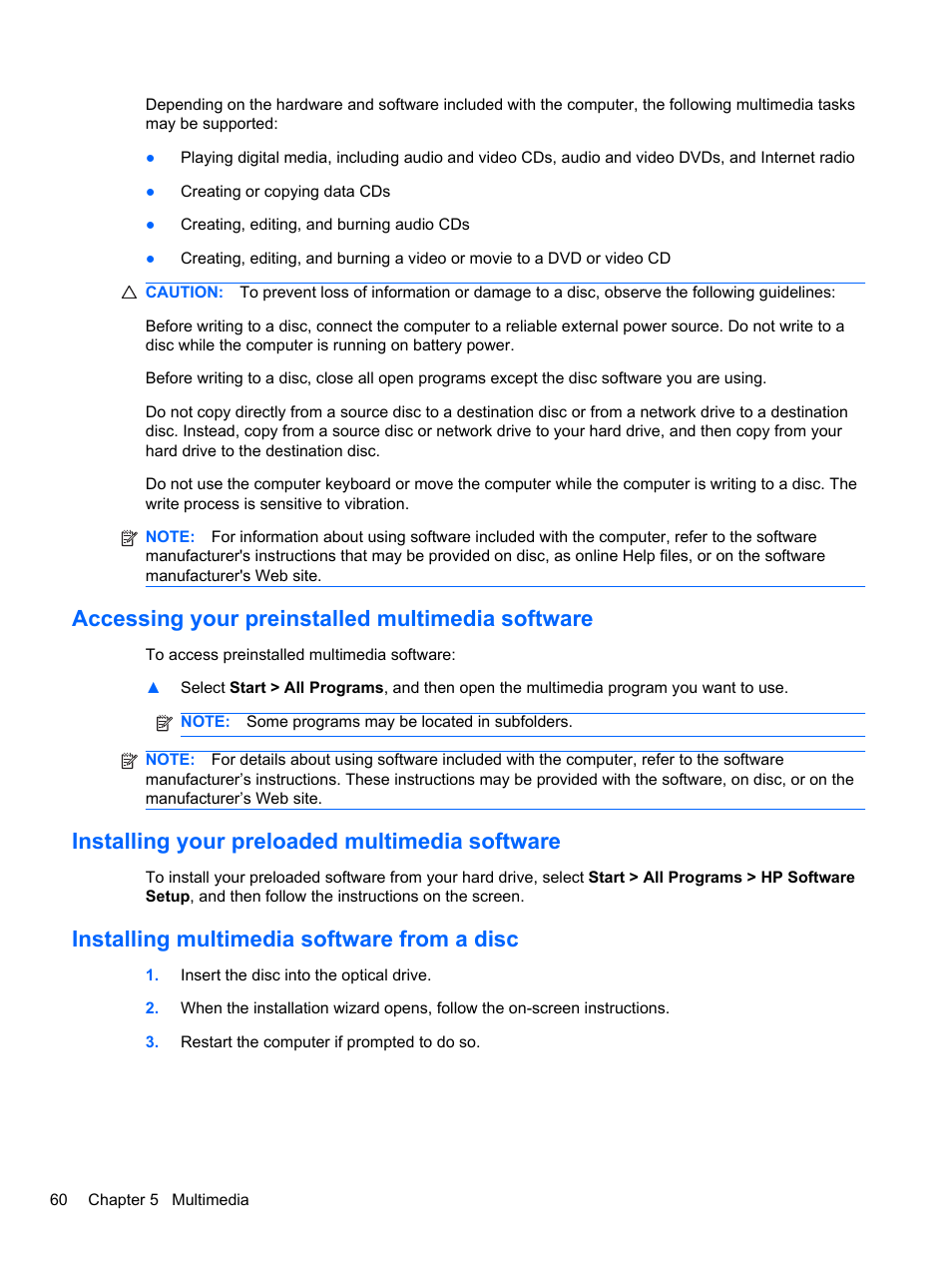 Accessing your preinstalled multimedia software, Installing your preloaded multimedia software, Installing multimedia software from a disc | HP EliteBook 2740p Tablet-PC User Manual | Page 72 / 177