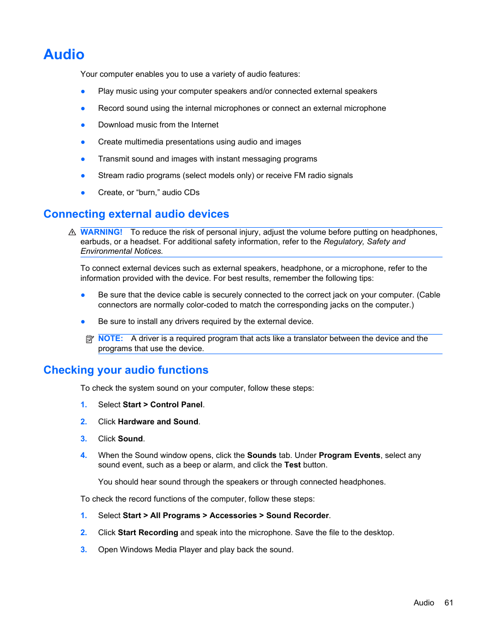 Audio, Connecting external audio devices, Checking your audio functions | HP EliteBook 2740p Tablet-PC User Manual | Page 73 / 177