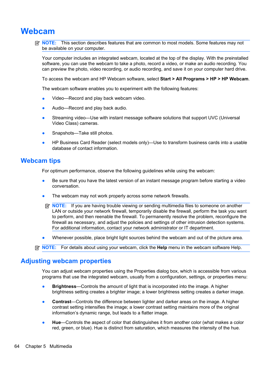 Webcam, Webcam tips, Adjusting webcam properties | Webcam tips adjusting webcam properties | HP EliteBook 2740p Tablet-PC User Manual | Page 76 / 177